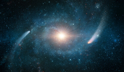 Space scene with stars in the galaxy and Comet, asteroid, meteorite . Panorama. Universe red filled with stars, nebula and galaxy,. Elements of this image furnished by NASA © Tryfonov