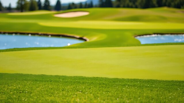 oligarchy. A golf course with manicured grass and water hazards under a sunny sky. event key visuals, club posters, designed for sports event promotions and stadium branding, drives event promotion.