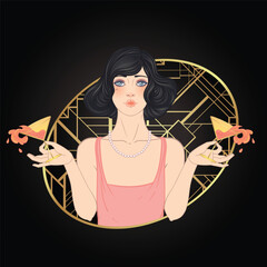 Art Deco vector illustration of a flapper girl in 1920s style, featuring soft dusty rose and gold tones. Elegant and modern design, ideal for fashion prints, posters, branding, or digital use.