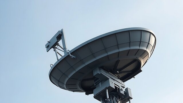 gauss. Military radar antenna rotating under clear sky, metallic structure details. product launch decks, UI/UX mockups, designed for data visualization dashboards and holographic UIs. - Powered by Adobe