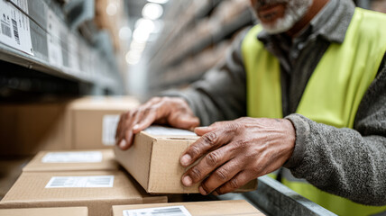 Worker handling packages on warehouse shelves.