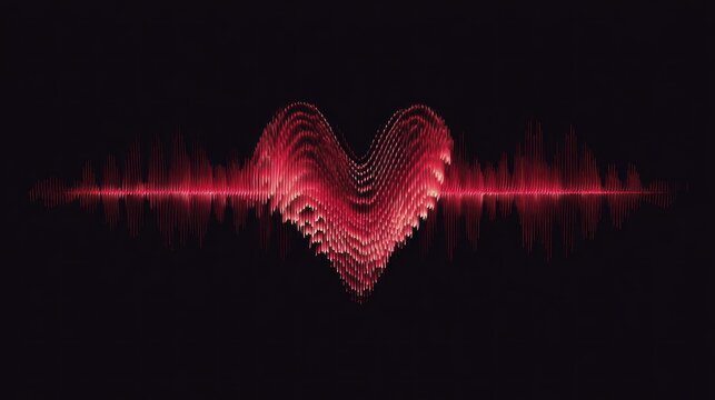 A sound wave displays a heart shape in shades of red against a black background. The wave illustrates rhythm and creates a visual symbol of emotion and connection