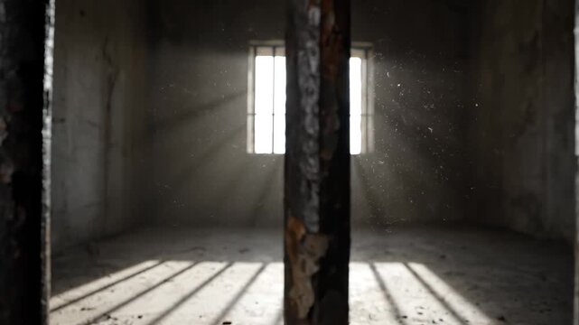 Rusty prison bars with light streaming through window