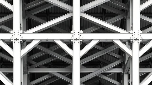disequilibrium. Structural lattice of intersecting steel I-beams forming a repeating geometric pattern. real-estate listings.