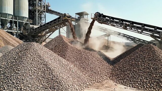 Industrial Quarry Conveyor Belt System Processing Rocks and Minerals.
