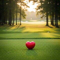 A lone red heart shaped golf ball rests on the vibrant green putting green at sunrise