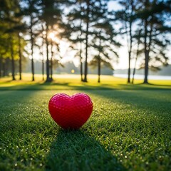 A bright red heart shaped golf ball rests on a dewy green golf course in the morning sun