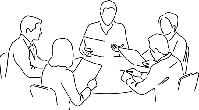 Continuous line art of five professionals in a collaborative meeting around a table.