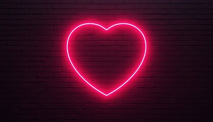 Bright neon pink heart shape illuminated against a dark brick wall background