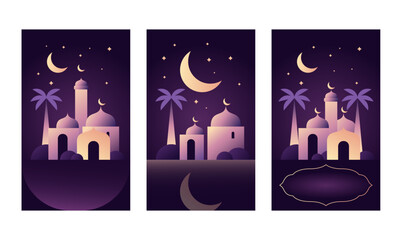 Ramadan Night Cityscape with Mosque Silhouettes Crescent Moon and Palm Trees in Elegant Islamic Style.
