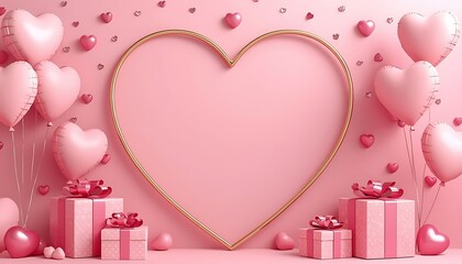 Elegant pink heartshaped frame surrounded by festive balloons and gift boxes