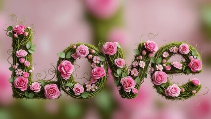 Beautiful word love artfully crafted from fresh green moss and delicate pink roses