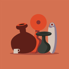 Abstract Ceramic Still Life with Vases Sculptural Objects and Organic Shapes in Modern Minimal Style.