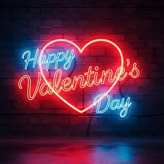 Happy Valentines Day neon sign glowing in the dark heart shape celebration