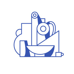 Abstract Kitchen Utensils Composition with Pot Pan Bowl and Cup in Minimal Geometric Style.