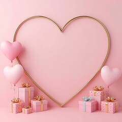 Pink heart balloons and gift boxes arranged around a large golden heart frame