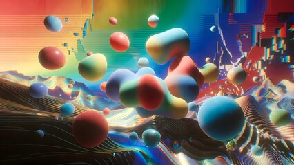 Abstract visualization showing colorful amorphous blobs floating above complex wavy landscape with glitch artifacts and bright lighting