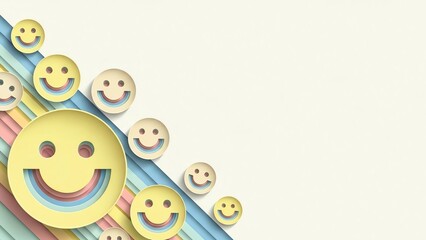 Happy Yellow Smile Faces with Colorful Stripes on White Background.