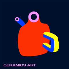 Abstract Ceramic Art Object with Bold Geometric Form and Vibrant Colors on Dark Background.