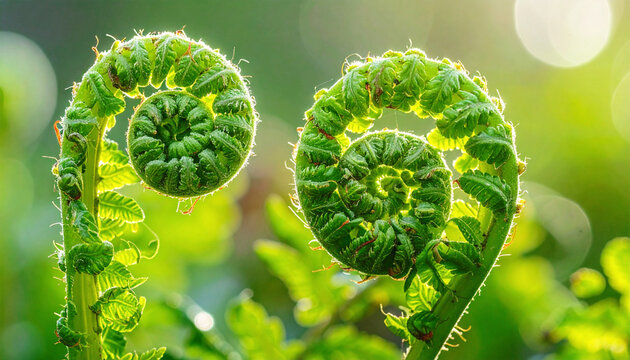 Fiddleheads, coiled tips of young ostrich ferns, macro shot. AI