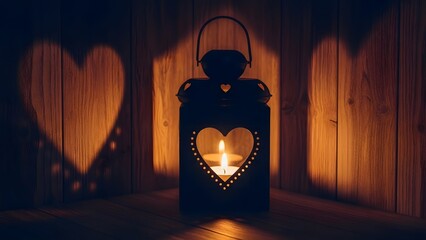 Heart shaped light from a lantern on a wooden wall. Love atmosphere and romantic mood. Candle burning inside a black lantern casting heart shadows in a dark room