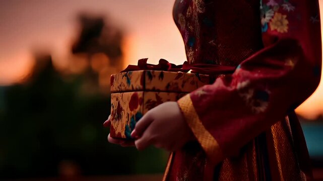 Chinese lunar new year holiday celebration. Spring festival tradition. Chunjie. Asia. A woman in a vibrant, ornate robe holds a decorative box against a backdrop of a sunset.