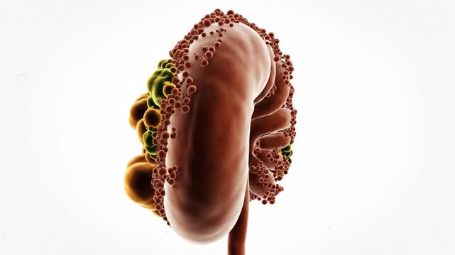 3D CGI render of a human kidney with internal abnormalities
