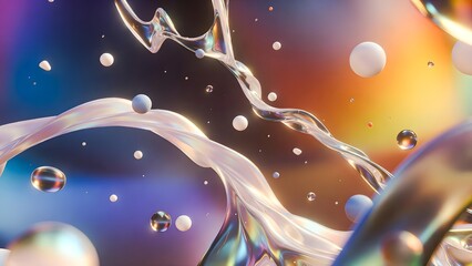 Iridescent liquid forms and spheres floating in colorful abstract background