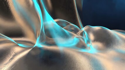 Luminous cyan light diffusing through flowing silver and gold fabric surface texture