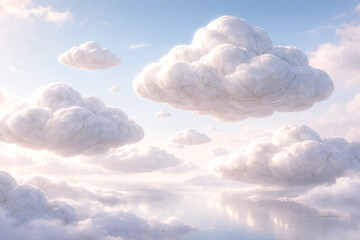 A soft surreal 3D scene with giant marble clouds floating gently in a pastel blue sky