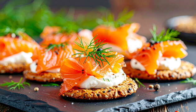 Smoked salmon appetizers on rye crackers with cream cheese and dill, macro shot. AI