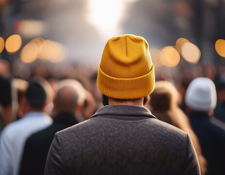 soft focus on individual wearing yellow beanie amidst crowd creating depth and intrigue