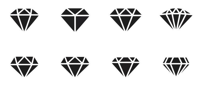 Diamond vector icon collection showing various diamond cut shapes in flat style, abstract black gemstone symbols ideal for luxury logos, jewelry branding, fashion design, marketing materials
