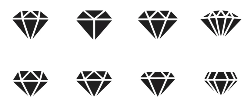 Diamond vector icon collection showing various diamond cut shapes in flat style, abstract black gemstone symbols ideal for luxury logos, jewelry branding, fashion design, marketing materials