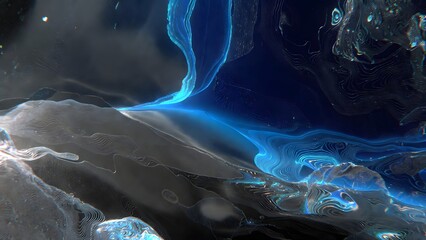 Surreal abstract landscape with flowing blue liquid textures and dark terrain