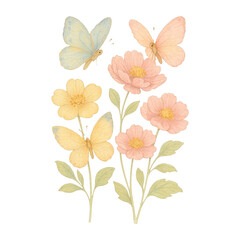 Obraz premium PNG Delicate butterflies with blooming flowers.