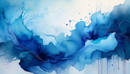 abstract blue watercolor backdrop with ink splashes and paint drops creating a liquid grunge texture