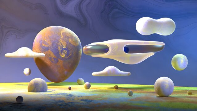 Surreal alien landscape with floating spheres and futuristic structures under blue sky - Powered by Adobe