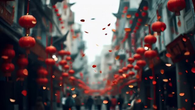 Chinese lunar new year holiday celebration. Spring festival tradition. Chunjie. Asia. red lanterns and petals in a narrow alleyway, with a blurred background that suggests a festive atmosphere.