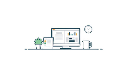 Modern digital workspace with computer mobile device plant and coffee cup on a clean white background minimalistic illustration style