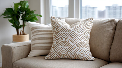 Cozy beige sofa with decorative pillows in a bright living room.