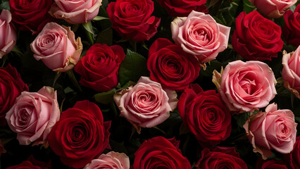 Naklejka premium A bouquet of red and pink roses with green leaves in the background