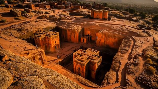 Sunrise aerial over Lalibela rock hewn churches complex Ethiopia.