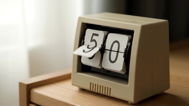 Retro flip clock counts down from 59 to 00. The mechanical vintage digital clock with beige casing flips numbers on a wooden table. Nostalgic time display.