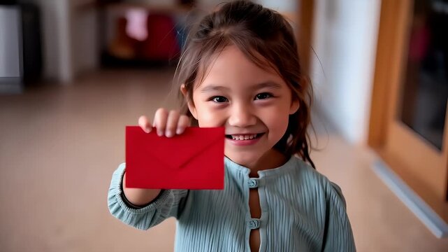 Chinese lunar new year holiday celebration. Spring festival tradition. Chunjie. Asia. A young girl holding a red envelope in front of her face.