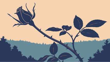 Thorned rose stem with leaves against sunset landscape