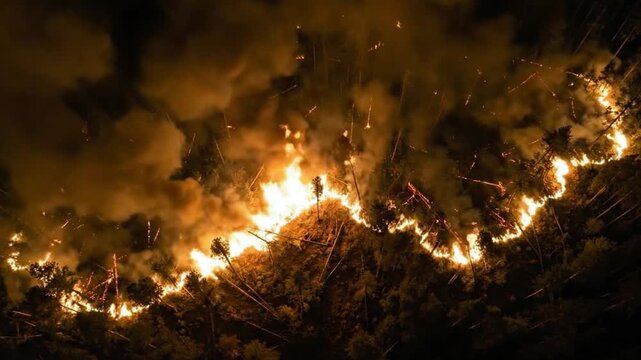 Firestorm in the Night: A raging fire engulfs the landscape, flames illuminating the night sky, creating a dramatic scene of destruction and power.