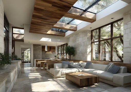 Sustainable interior living room with passive daylight design,