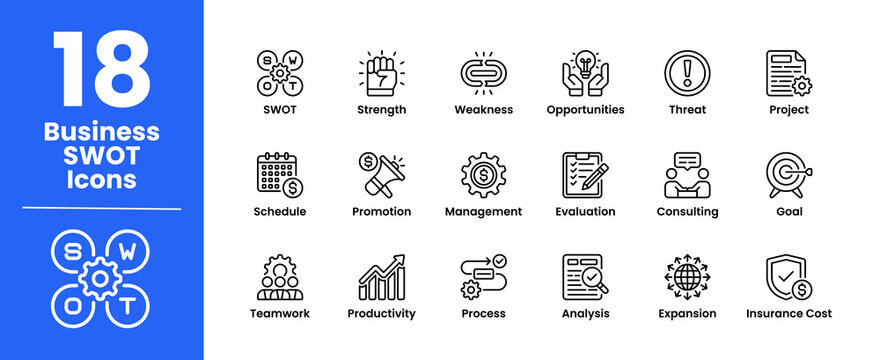 Business SWOT Icons Set Line Style. Includes Strength, Project, Goal, Teamwork And More.