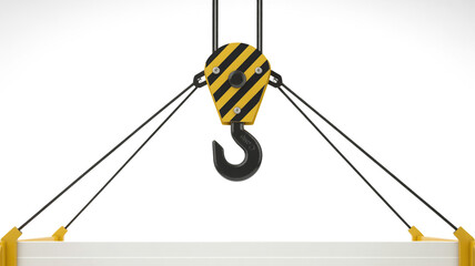 Heavy duty crane hook mechanism with black and yellow stripes lifting a large white industrial load